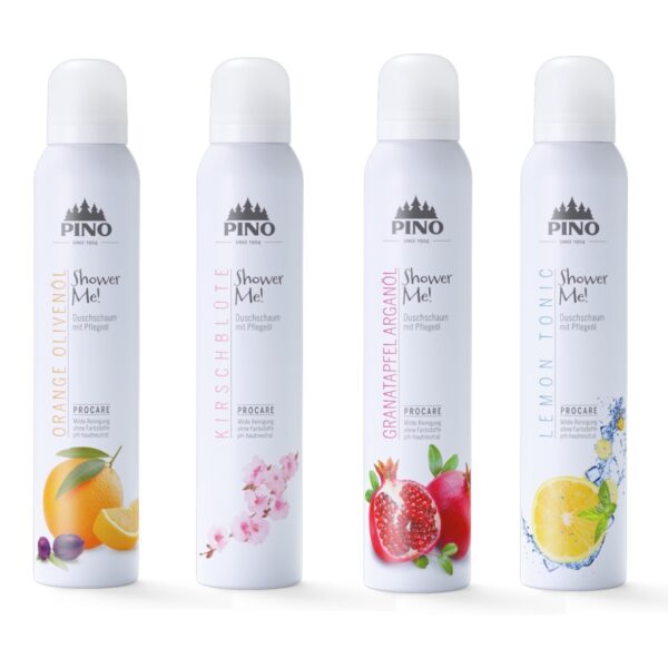 Pino Duschschaum 4er Set - Orange Olivenöl, Lemon Tonic, Kirschblüte, Granatapfel Arganöl